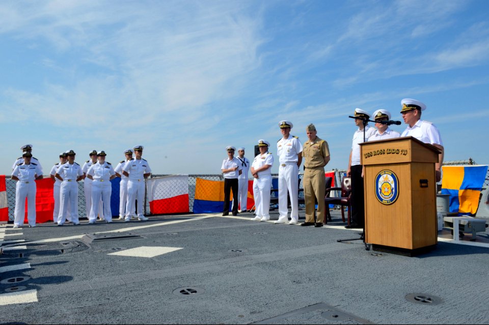 Ukrainian navy Vice Adm. Serhiy Hayduk, at lectern, the commander in chief of the Ukrainian Naval Forces, speaks during the opening ceremony for exercise Sea Breeze 2014 aboard the guided missile destroyer USS 140908-N-IY142-222