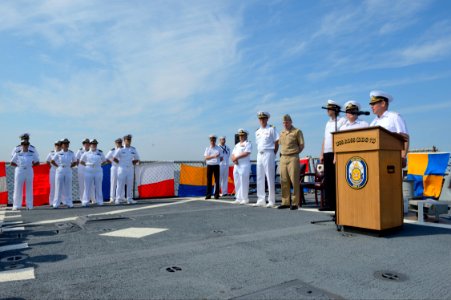 Ukrainian navy Vice Adm. Serhiy Hayduk, at lectern, the commander in chief of the Ukrainian Naval Forces, speaks during the opening ceremony for exercise Sea Breeze 2014 aboard the guided missile destroyer USS 140908-N-IY142-222