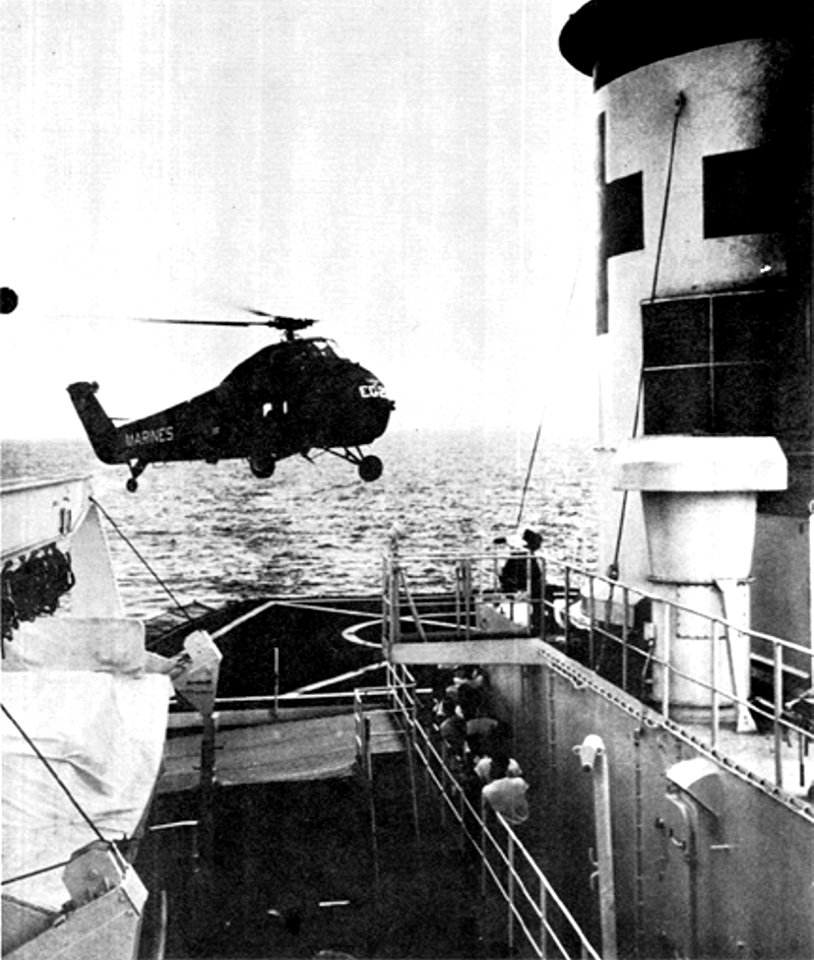 UH-34D of HMM-263 landing on USS Repose (AH-16) off Vietnam 1966