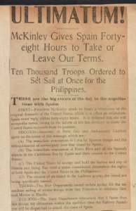 Ultimatum! McKinley gives Spain forty-eight hours to take or leave our terms Ten thousand troops ordered to set sail a once for the Philippines. LCCN2018645904