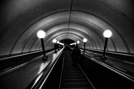 Escalator subway black and white photo