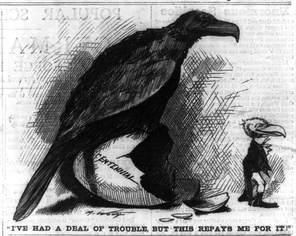 Uncle Sam, as baby eagle hatched from Centennial egg beneath large eagle, says- I've had a deal of trouble, but this repays me for it! LCCN2002723396
