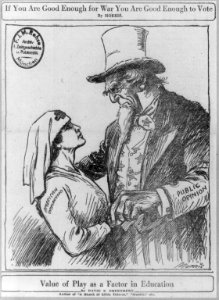 Uncle Sam (as Public Opinion) embracing nurse (American womanhood), saying- If you are good enough for war you are good enough to vote LCCN2002698238 photo