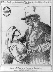 Uncle Sam (as Public Opinion) embracing nurse (American womanhood), saying- If you are good enough for war you are good enough to vote LCCN2002698238