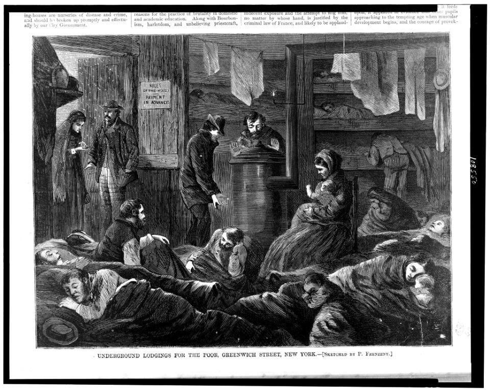 Underground lodgings for the poor, Greenwich Street, New York - sketched by P. Frenzeny. LCCN93513503