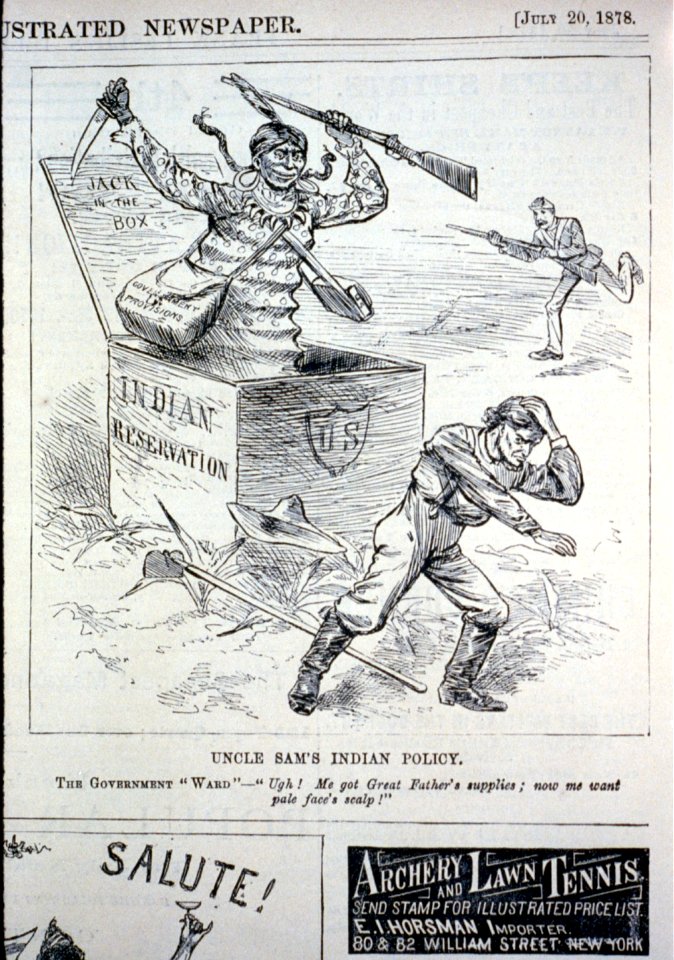 Uncle Sam's Indian policy - the government ward - Ugh! Me got great fatehr's supplies; now me want pale face's scalp (caricature of armed Indian coming out of jack-in-the-box Indian LCCN2001696520