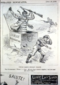 Uncle Sam's Indian policy - the government ward - Ugh! Me got great fatehr's supplies; now me want pale face's scalp (caricature of armed Indian coming out of jack-in-the-box Indian LCCN2001696520