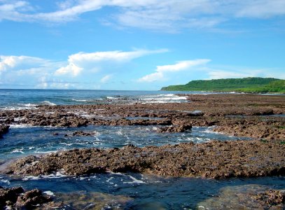 Uncovered reef flat with intervening channels at low tide on the Guam coastline (line382092927)