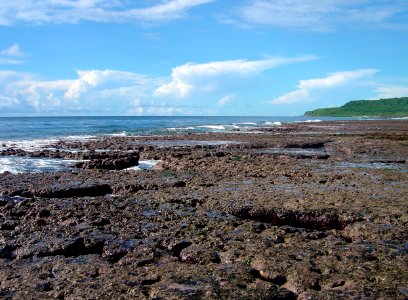 Uncovered reef flat with intervening channels at low tide on the Guam coastline (line381992927)