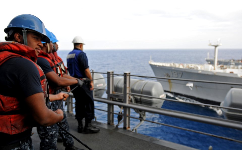 Underway replenishment at sea with Military Sealift Command fleet replenishment oiler USNS Pecos 121026-N-AQ172-075