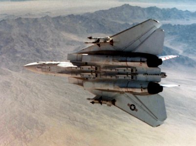 Underside of missile-armed F-14A Tomcat of VF-211 c1977