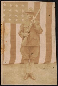 Unidentified African American soldier in uniform and campaign hat with rifle in front of American flag LCCN2017648689