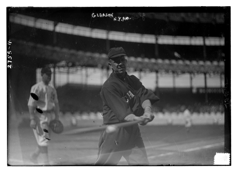 Unidentified catcher, New York AL, at left and Kid Gleason, Chicago AL, at right at the Polo Grounds, NY LCCN2014693532