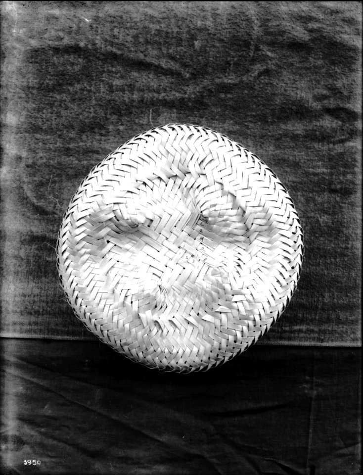 Unidentified coarse-woven Indian basket on display, ca.1900 (CHS-3950)
