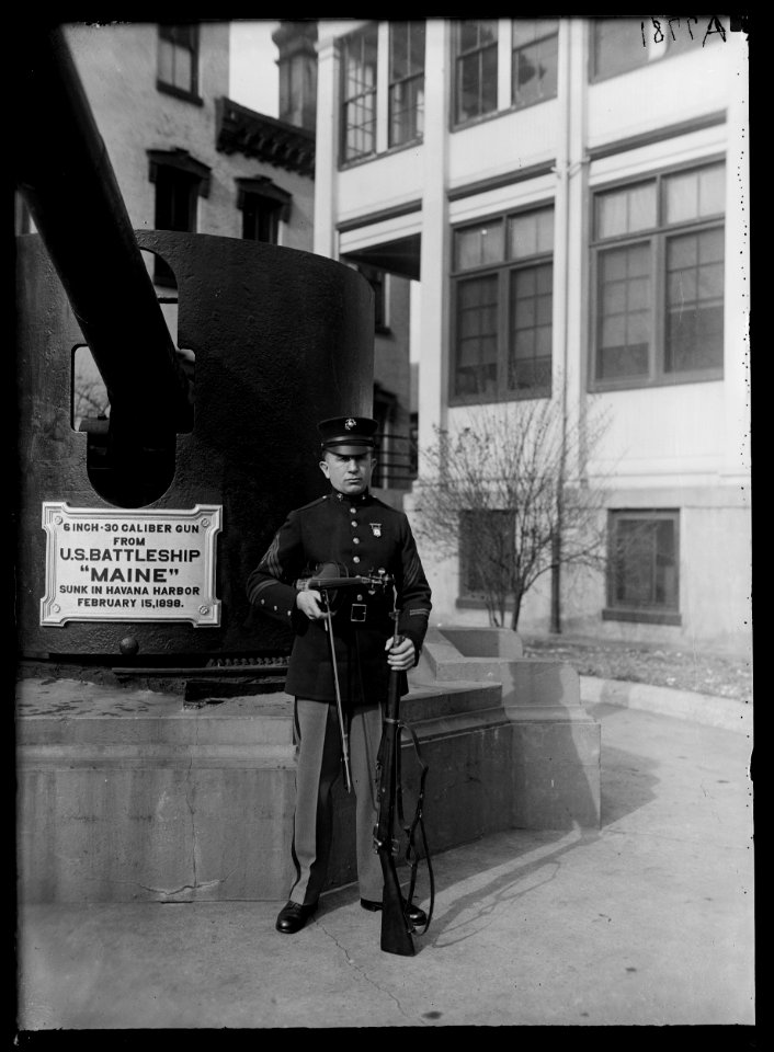 Unidentified man in military uniform with rifle and violin standing next to gun from U.S. Battleship Maine LCCN2016887092