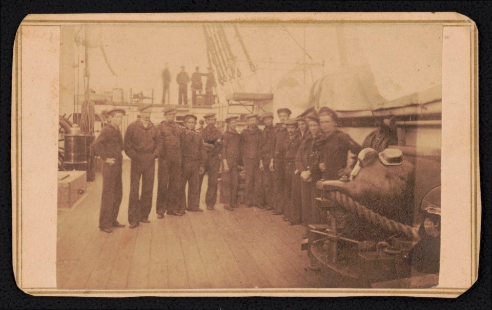 Unidentified sailors in Union uniforms aboard warship probably in New Orleans, Louisiana) - McPherson & Oliver, photographers, No. 132 Canal Street, upstairs LCCN2017648743