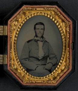Unidentified soldier in Confederate uniform with jacket issued to North Carolina troops LCCN2014646224