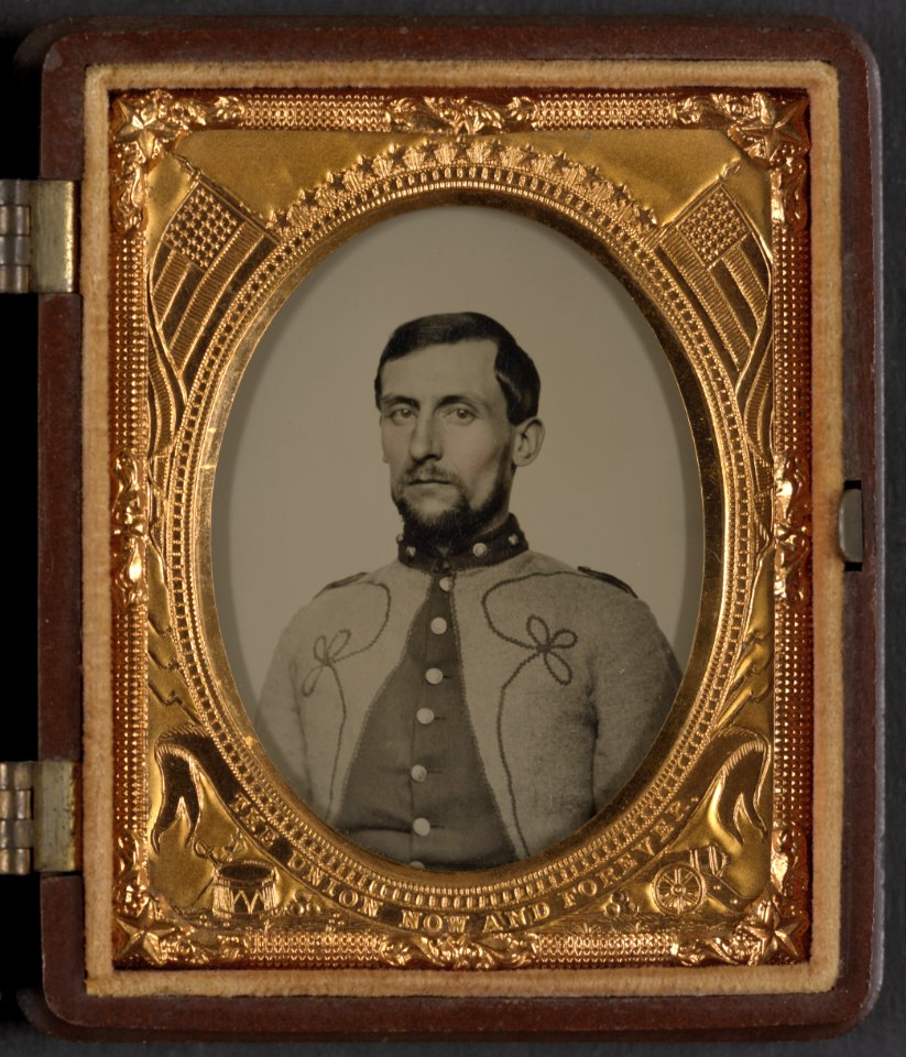 Unidentified soldier of Co. F, 23rd Massachusetts Infantry Regiment in zouave uniform) - From J. Whites's Ambrotype and Photograph Gallery, 224 Essex Street, (Up only one flight of stairs,) LCCN2013645723