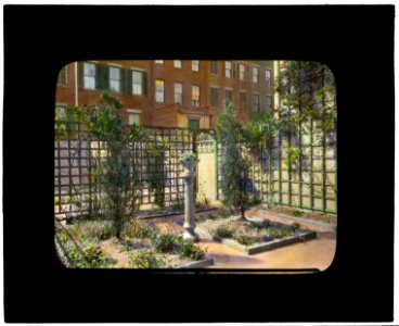 Unidentified townhouse garden, probably in New York, New York, or Philadelphia, Pennsylvania. Lattice fence LCCN2008675969