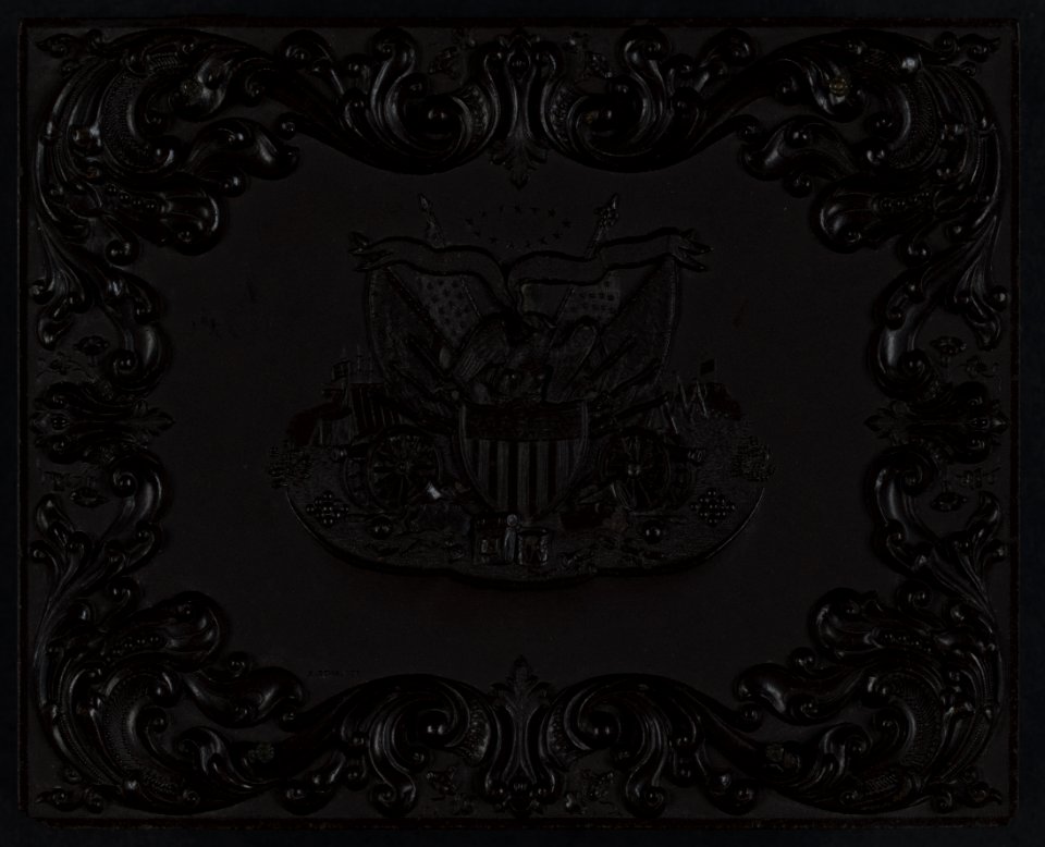 Union case manufactured by Littlefield, Parsons & Co. showing eagle with Union shield and military weaponary with scroll embellishments LCCN2010650248
