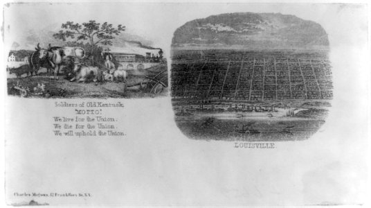 Union envelope showing birds-eye view of Louisville and country scene, with motto, We live for the Union, we die for the Union, we will uphold the Union LCCN2016648172