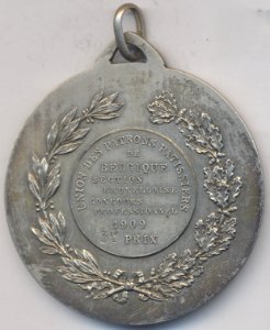 Union des Patrons Patissiers de Belgique Section Bruxelloise Concours Professionnel 1909 3e Prix, medal by Jacques Marin (1877-1950), Belgium, 1909, Coins and Medals Department of the Royal Library of Belgium, 2M130 - 1 (verso)