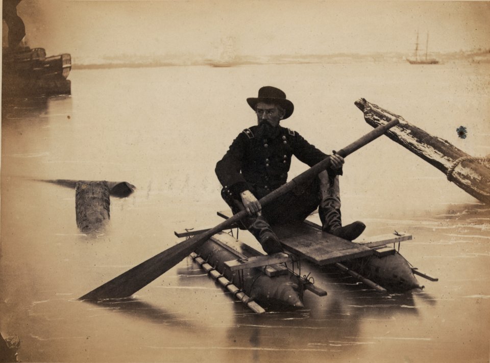 Union troops officer on raft