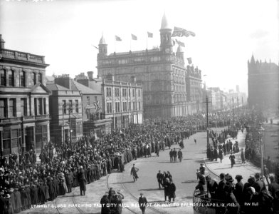 Unionist clubs marching down Donegall Square North, Belfast, 9 April 1912