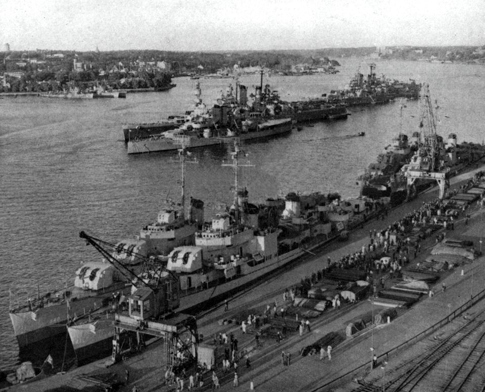 United States Twelfth Fleet ships at anchor at Stockholm, Sweden, in July 1946