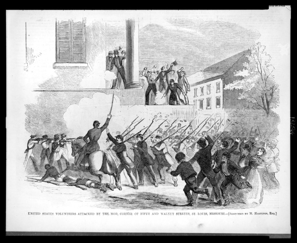 United States Volunteers attacked by the mob, corner of Fifth and Walnut Streets, St. Louis, Missouri - sketched by M. Hastings, Esq. LCCN2002735954