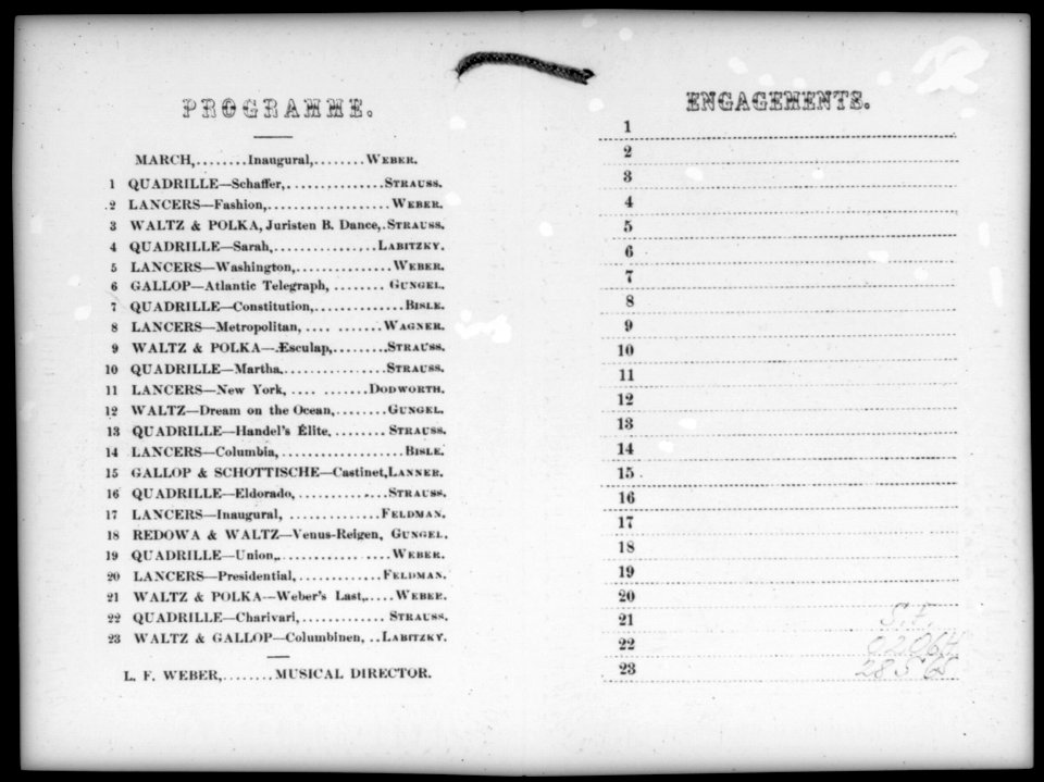 Unused copy of the dance cards prepared for the Union Ball in honor of the inauguration of Abraham Lincoln on March 4, 1861- inside, programme on one side, engagement on other LCCN2007681149