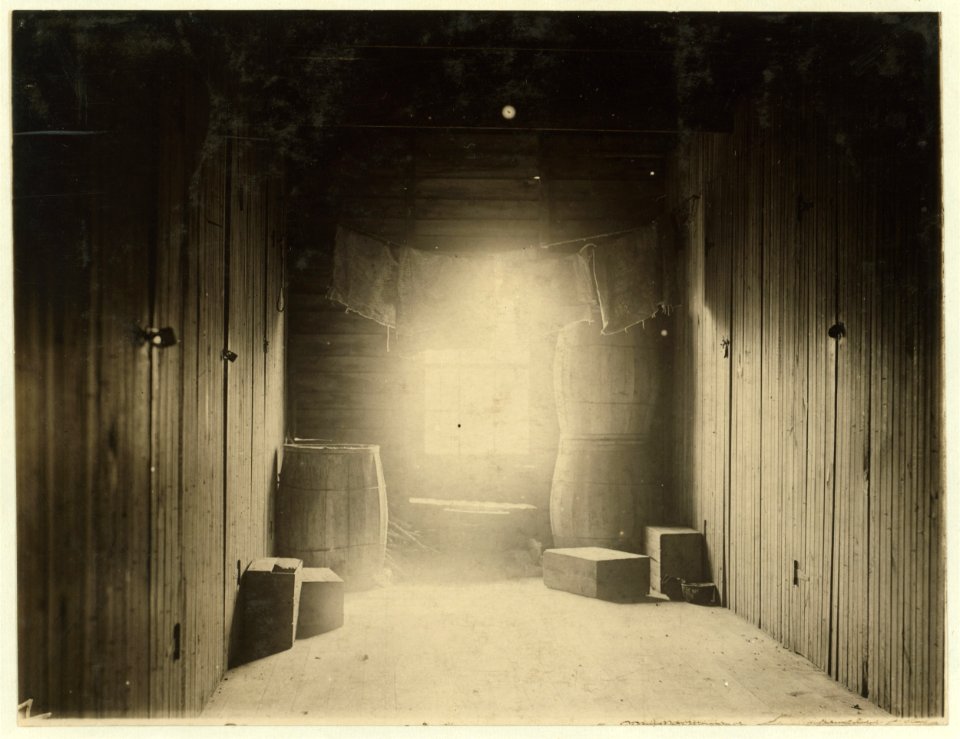 Upper floor of hallway, opening into 12 rooms (see photo -1145) in large shack occupied by cranberry pickers on Forsythe's Bog, Turkeytown, near Pemberton, N.J. 12 rooms on first floor. One LOC nclc.00075
