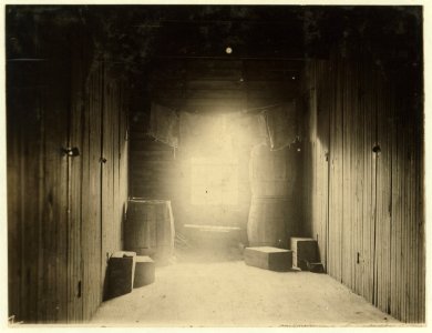 Upper floor of hallway, opening into 12 rooms (see photo -1145) in large shack occupied by cranberry pickers on Forsythe's Bog, Turkeytown, near Pemberton, N.J. 12 rooms on first floor. One LOC nclc.00075