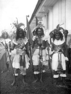 Uppvaktande ädlingar i sultanens av Boeton hov. Lokal, S. O. Celebes Publ - SMVK - 000320