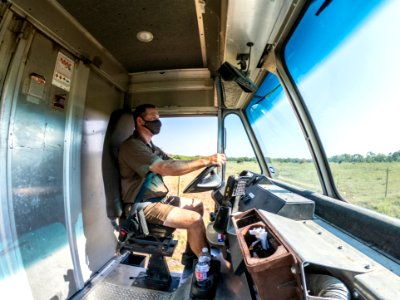 UPS driver in delivery van