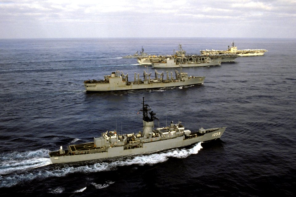 US aircraft carriers and escorts off Lebanon in February 1987