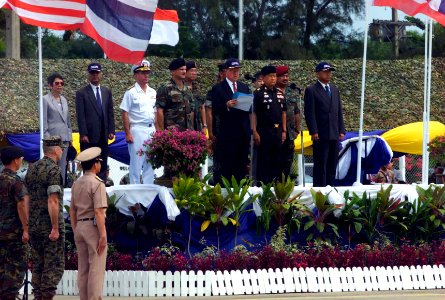 US Ambassador to Thailand, The Honorable Carroll N. Johnson, speaks during the opening ceremony for Exercise COBRA GOLD 2003, held at Utapao National Airport, Thailand