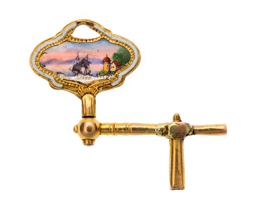 Urnyckel i guld och emalj med landskapsmotiv, 1700-tal - Hallwylska museet - 110353