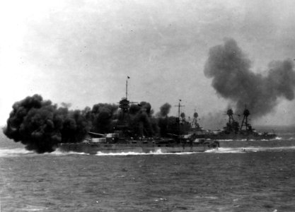 US battleships fire broadsides in the 1930s