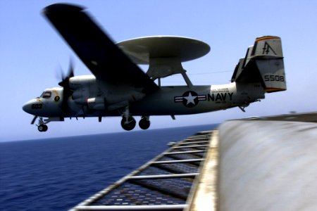 US Navy 000719-N-ZC101-501 An E-2C Hawkeye, from VAW 125 lifts off from the flight deck of the USS George Washington