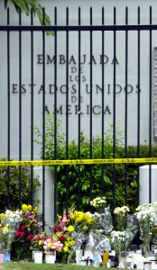 US Navy 010917-F-2907C-533 Following the tragic loss of life by terrorist events in New York, Washington D.C., and Pennsylvania, mourners have placed flowers and candles outside the U.S. Embassy in Panama City, Panama