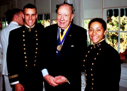 US Navy 010921-N-5390M-003 File photo, Former Chairman of the Joint Chiefs of Staff Adm. William J. Crowe Jr., poses with Midshipmen after receiving the U.S. Naval Academy Alumni Association Distinguished Graduate Award recipie
