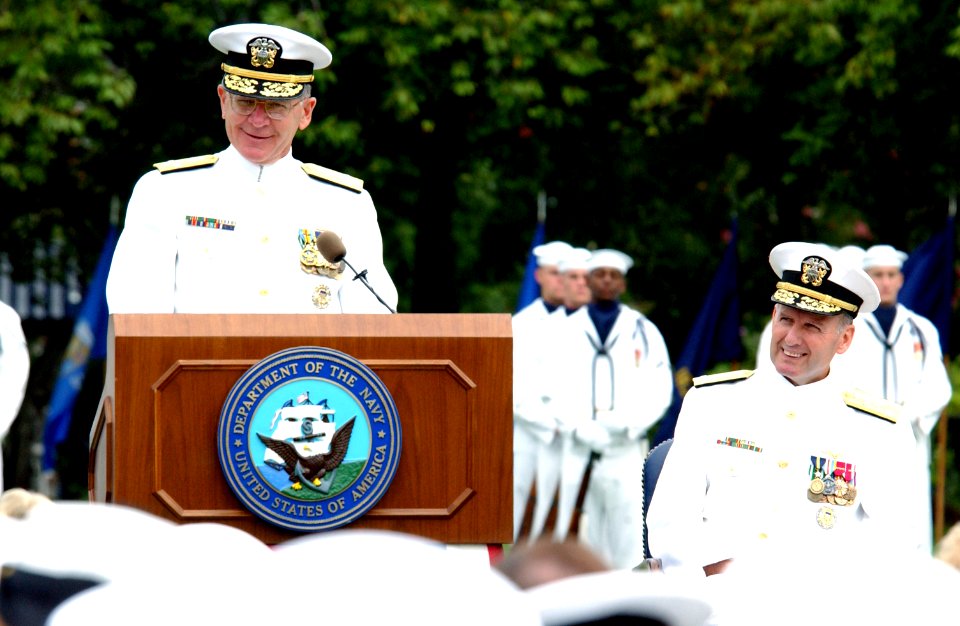 US Navy 020830-N-2383B-594 Admiral Vern Clark, Chief of Naval Operations, addresses attendees during a retirement ceremony