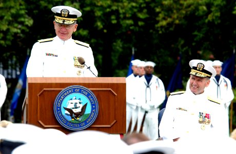 US Navy 020830-N-2383B-594 Admiral Vern Clark, Chief of Naval Operations, addresses attendees during a retirement ceremony