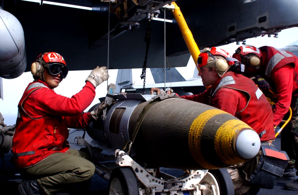 US Navy 020308-N-1587C-091 JDAM Loaded on an F-A-18