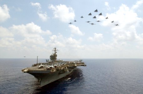US Navy 020731-N-6492H-501 Elements from Carrier Air Wing Seven (CVW-7) conduct a fly-over above USS John F. Kennedy (CV 67)