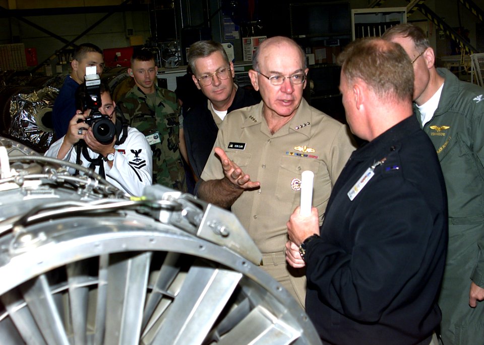 US Navy 020731-N-0344I-005 Admiral Vern Clark, Chief of Naval Operations, is given a tour of the Naval Air Station, Whidbey Island's Aircraft Intermediate Maintenance Divison (AIMD)