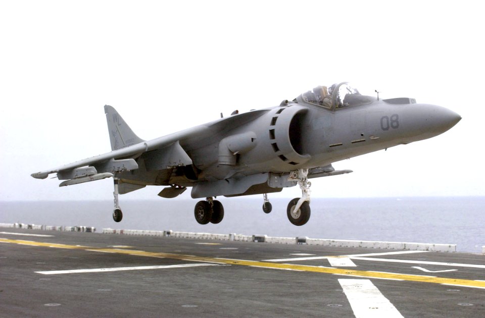 US Navy 020803-N-1665B-004 AV-8B II jet lands on flight deck