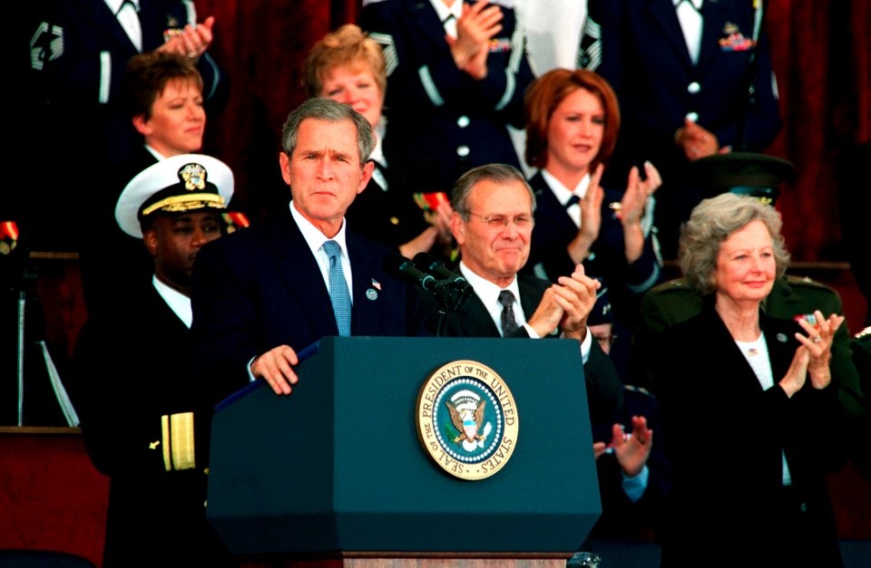 US Navy 011011-D-2987S-164 President George W. Bush gets a standing ovation during his address at the Pentagon memorial service on Oct. 11, 2001