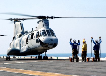 US Navy 021107-N-4374S-025 CH-46 prepares to lift-off